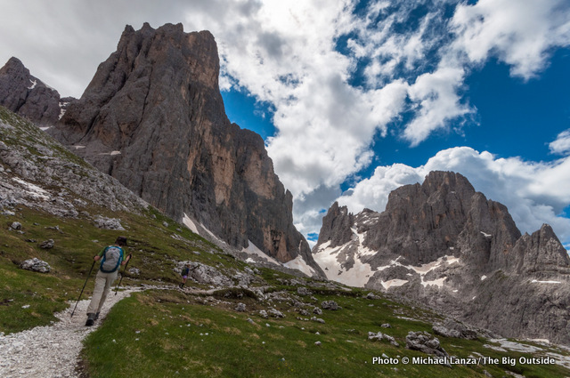 The Alta Via 2 near Rifugio Rosetta, Parco Naturale Paneveggio Pale di San Martino, Dolomite Mountains, Italy.