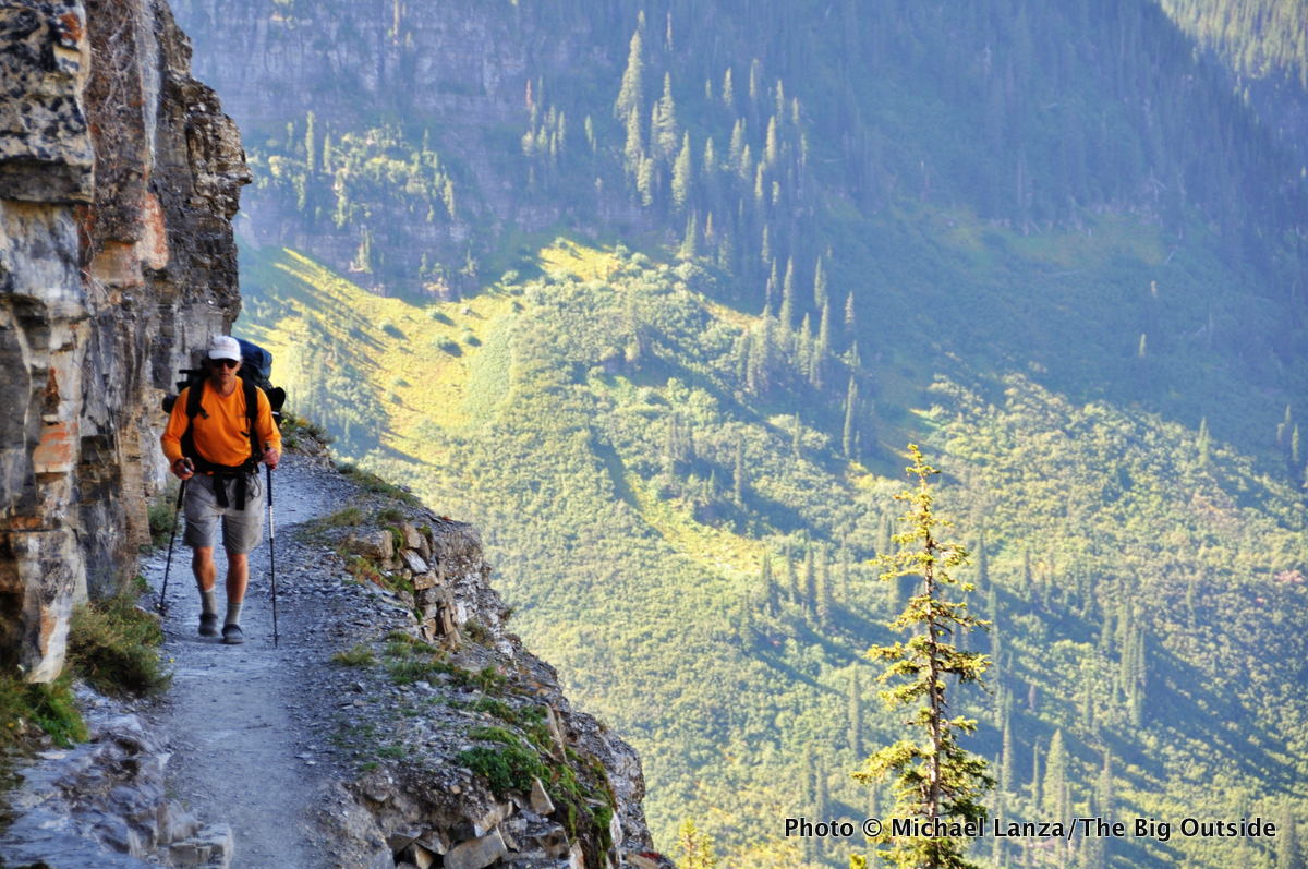 A backpacker on the Highline Trail in Glacier National Park.