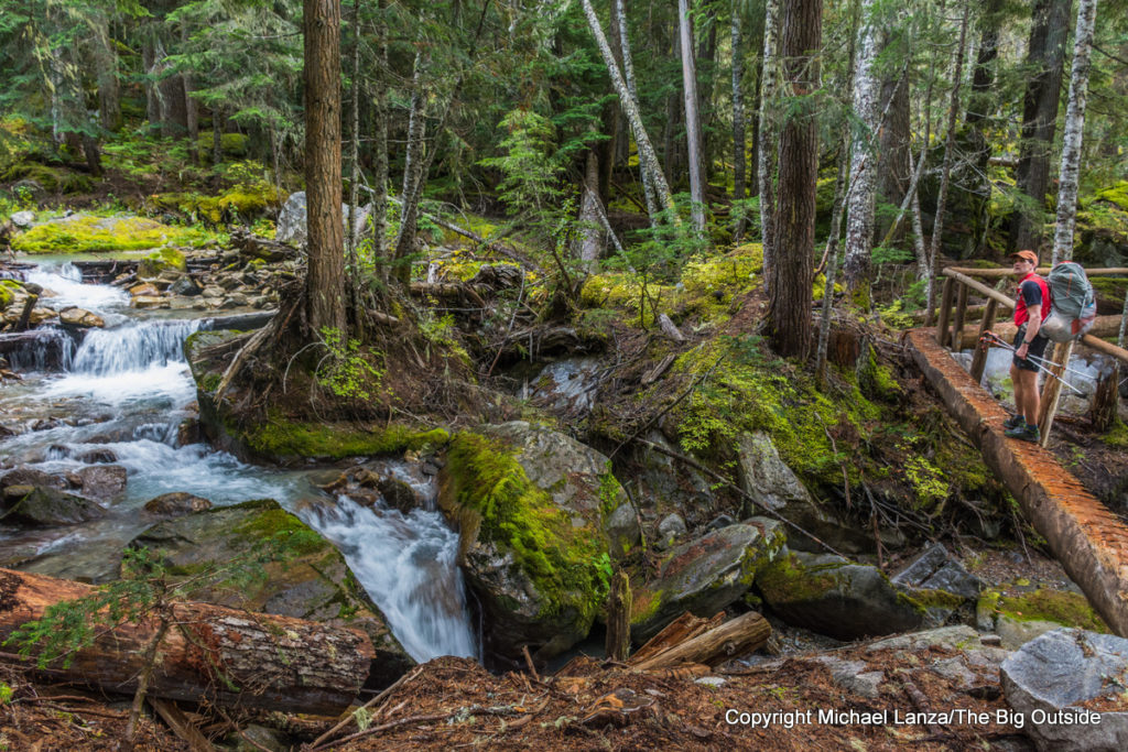 A backpacker on the Fisher Creek Trail in North Cascades National Park.