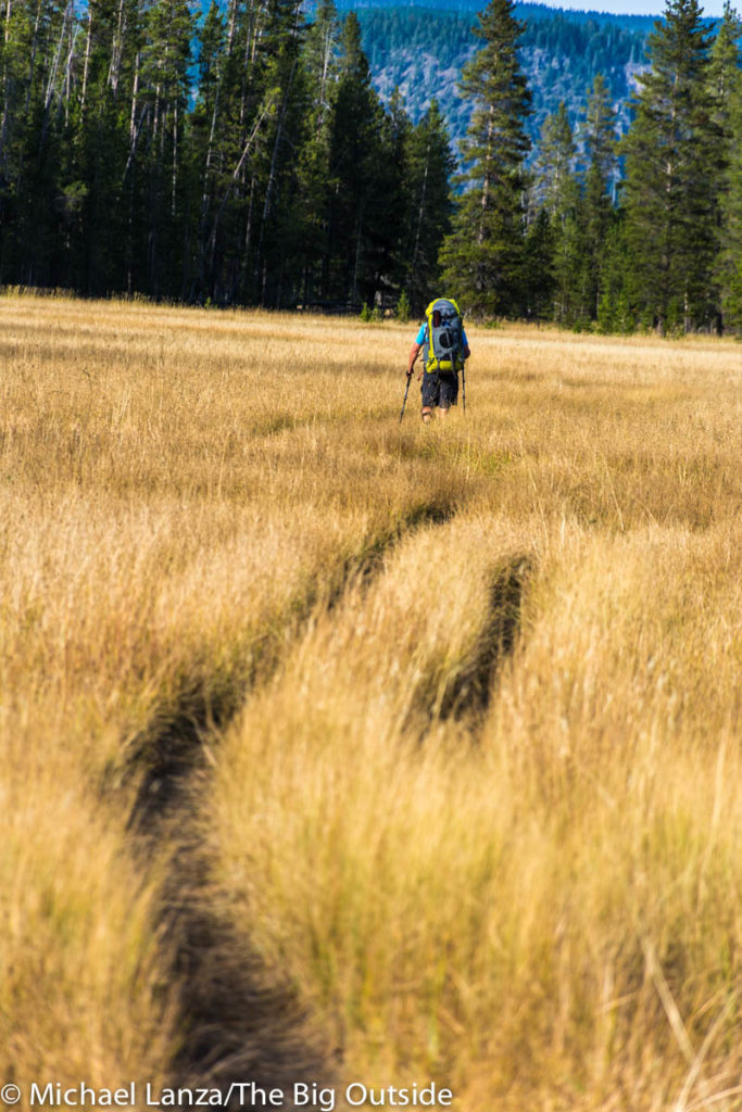 A backpacker hiking through Bechler Meadows, Yellowstone National Park. A backpacker hiking through Bechler Meadows, Yellowstone National Park.