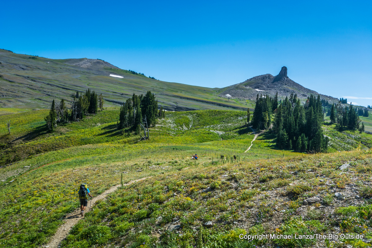 A backpacker hiking to Fox Creek Pass, Grand Teton National Park.