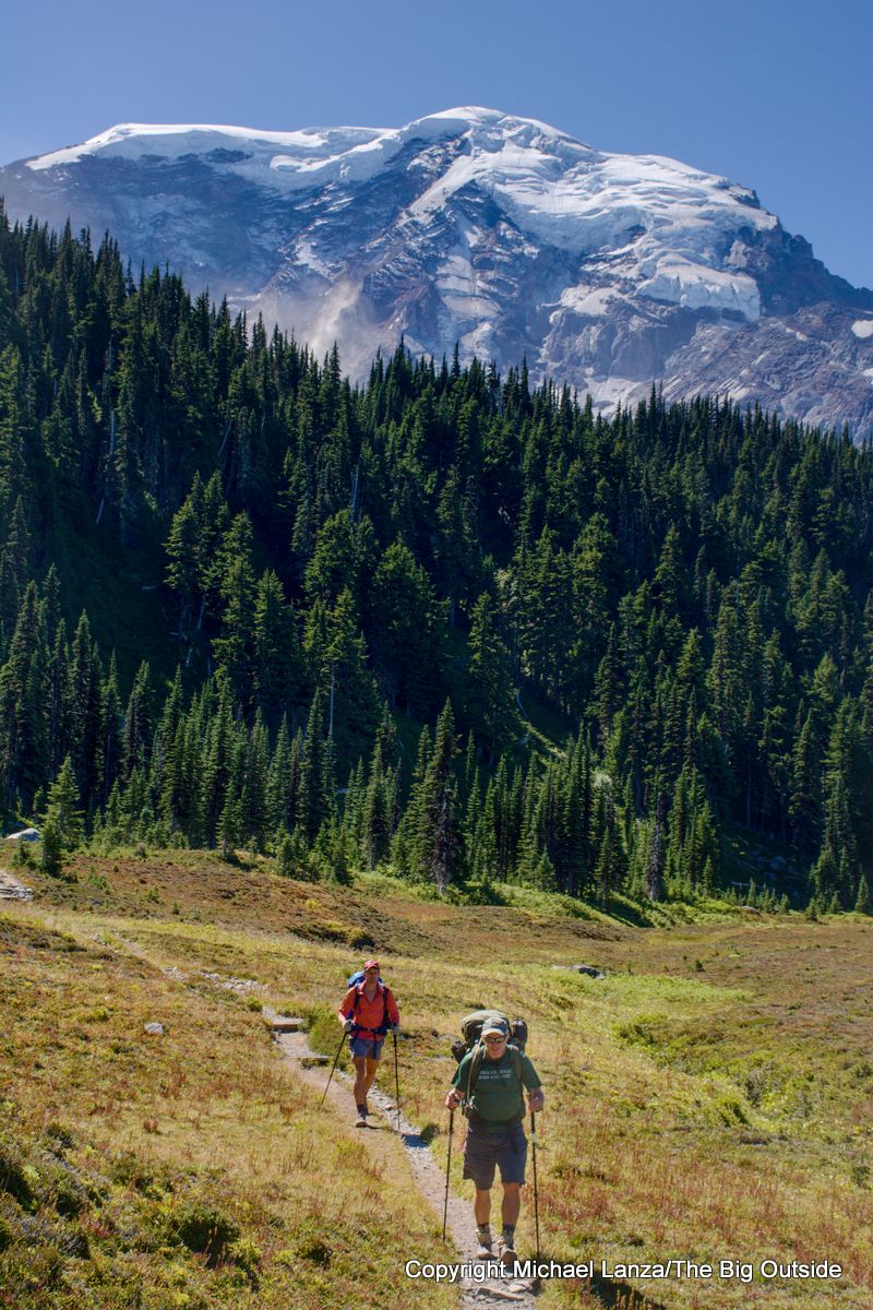 Backpackers in Moraine Park on the Wonderland Trail, Mount Rainier National Park.