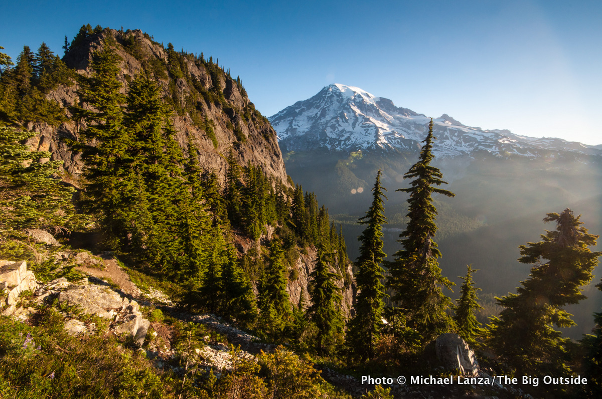 The view of Mount Rainier from the Eagle Peak Trail in Mount Rainier National Park.