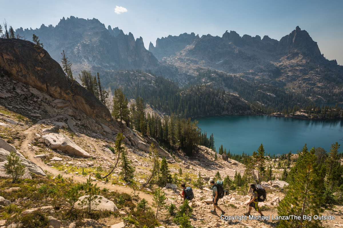 Backpackers above the Baron Lakes in Idaho's Sawtooth Mountains.
