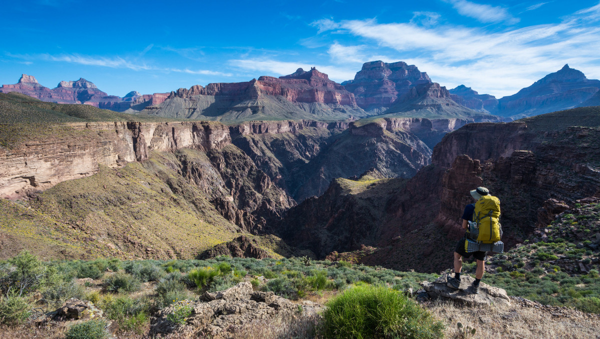 A backpacker on the Tonto Trail in the Grand Canyon.