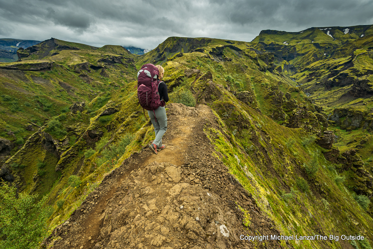 A trekker on the Fimmvorduhals Trail south of Thorsmork, Iceland.