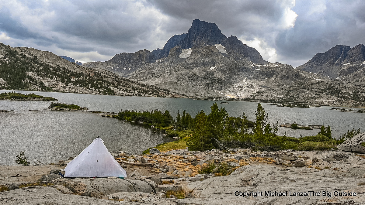 Backpackers camped by Thousand Island Lake along the John Muir Trail in the Ansel Adams Wilderness, High Sierra.