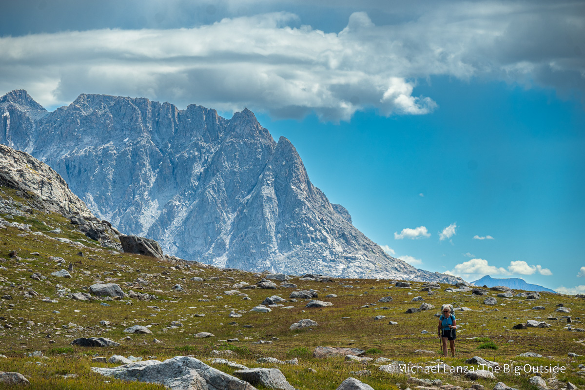 A backpacker above Overland Lake on the Ruby Crest Trail, Ruby Mountains, Nevada.