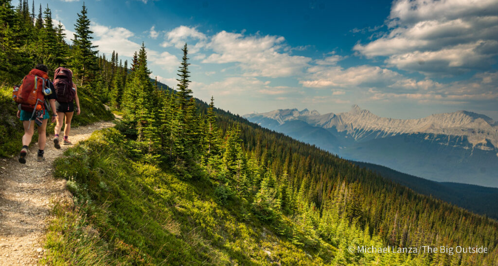 Backpackers along the Skyline Trail north of Tekarra camp in Jasper National Park. Backpackers along the Skyline Trail north of Tekarra camp in Jasper National Park.