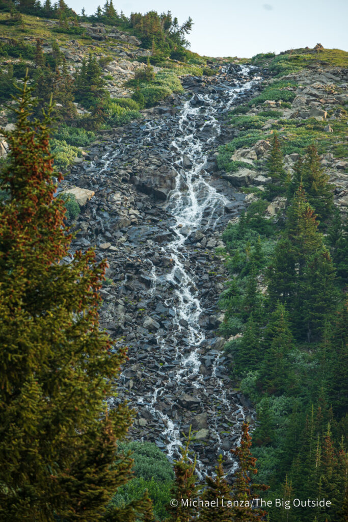 A waterfall seen from Curator campground along the Skyline Trail in Jasper National Park. A waterfall seen from Curator campground along the Skyline Trail in Jasper National Park.