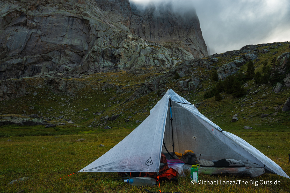 The Hyperlite Mountain Gear Mid-1 ultralight solo backpacking tent in the Wind River Range.