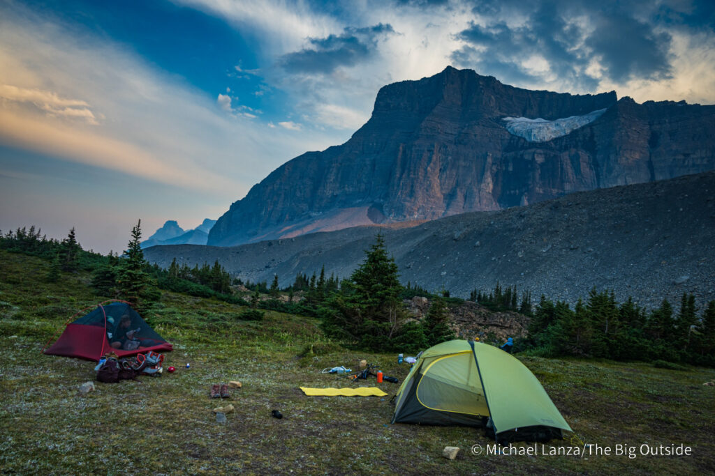 A backpackers camp near Cataract Creek on the Nigel. Cataract. and Cline Passes Route in the White Goat Wilderness, Canadian Rockies. A backpackers camp near Cataract Creek on the Nigel. Cataract. and Cline Passes Route in the White Goat Wilderness, Canadian Rockies.