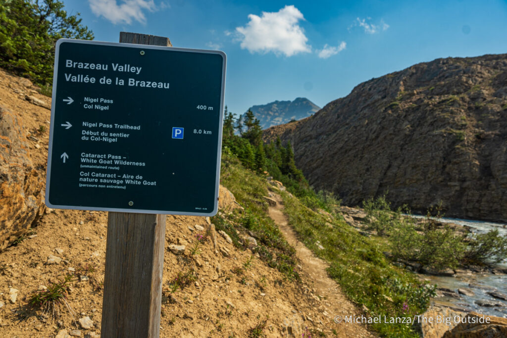 Trail sign by the Brazeau River at Nigel Pass in Jasper National Park, Canadian Rockies. Trail sign by the Brazeau River at Nigel Pass in Jasper National Park, Canadian Rockies.