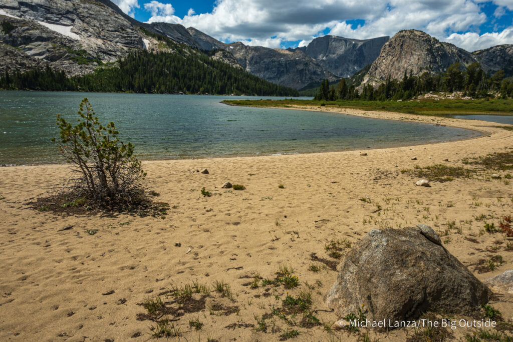 A beach along the Bears Ears Trail on Grave Lake in the Wind River Range, Wyoming. A beach along the Bears Ears Trail on Grave Lake in the Wind River Range, Wyoming.
