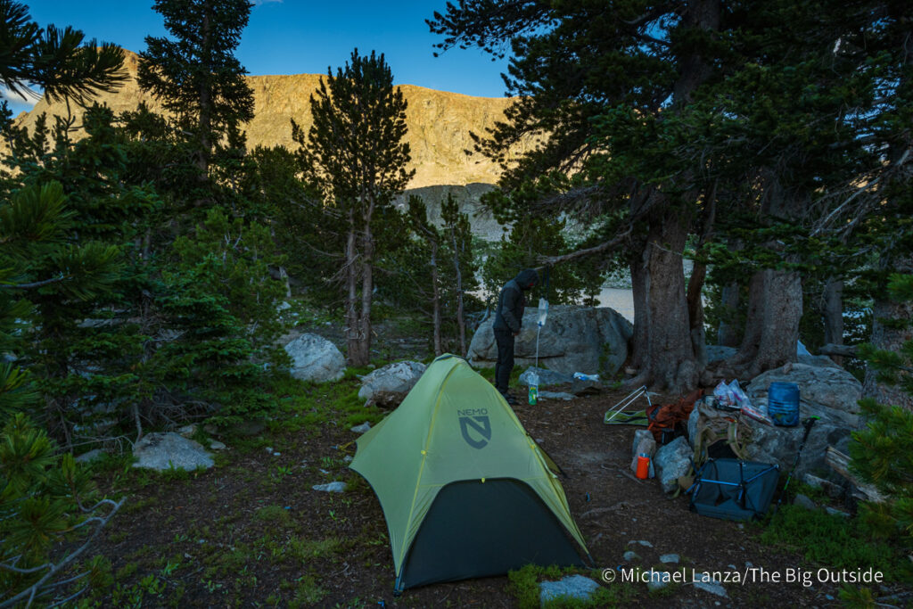 A backpackers' campsite at Washakie Lake in the Wind River Range, Wyoming. A backpackers' campsite at Washakie Lake in the Wind River Range, Wyoming.