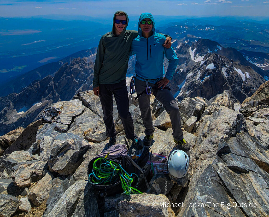 Michael Lanza of The Big Outside and his son, Nate, on the summit of the Grand Teton.