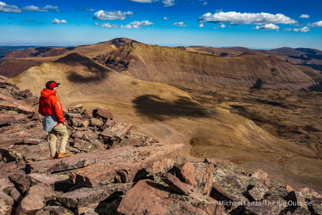 A hiker going up Kings Peak, High Uintas Wilderness, Utah.