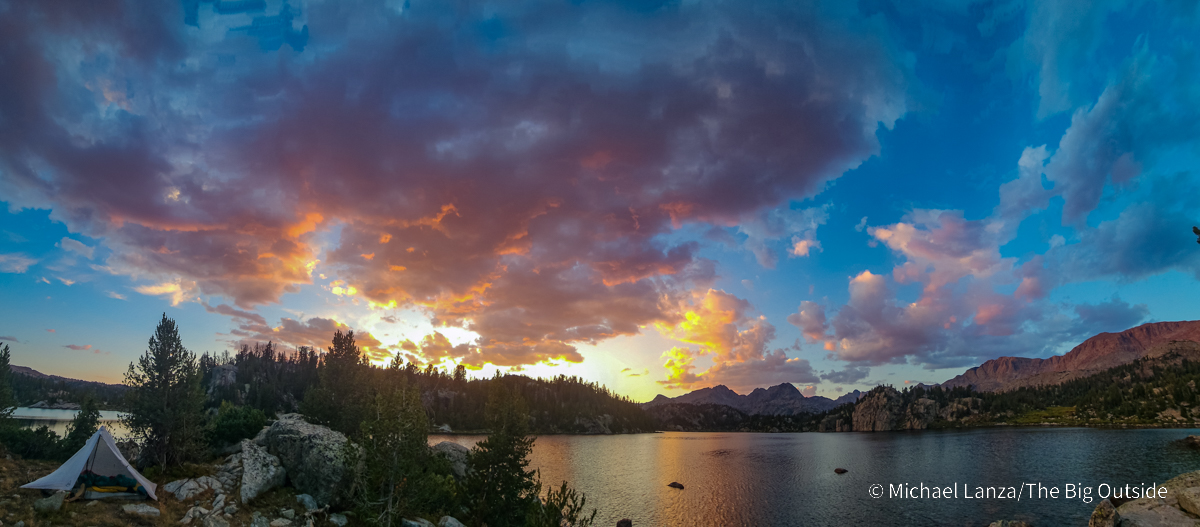 A backpacker's campsite at sunset beside Lower Cook Lake, Wind River Range, Wyoming.