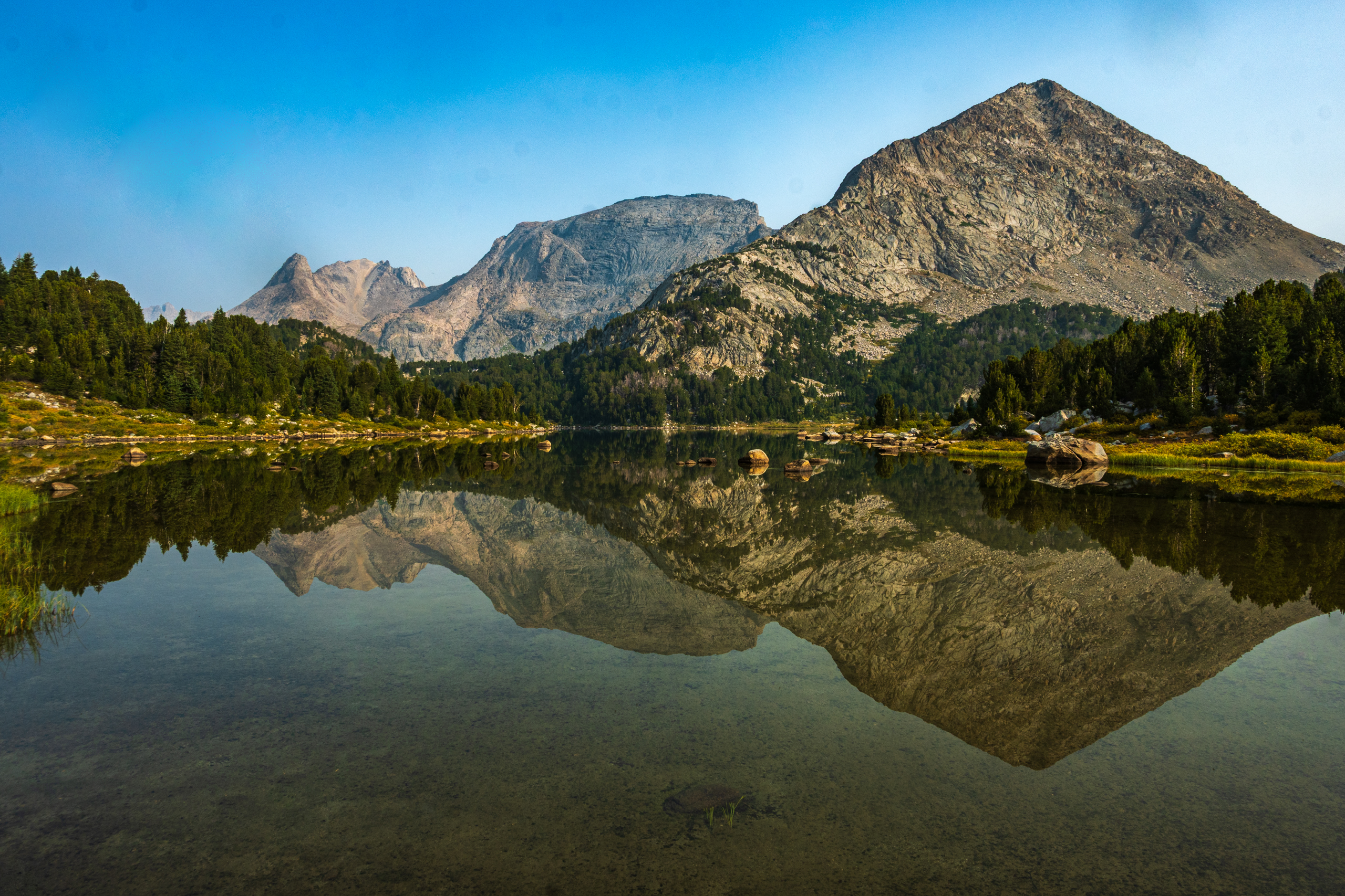 Pyramid Peak (right) and Mount Hooker (left of Pyramid), above Mae's Lake in the Wind River Range, Wyoming.